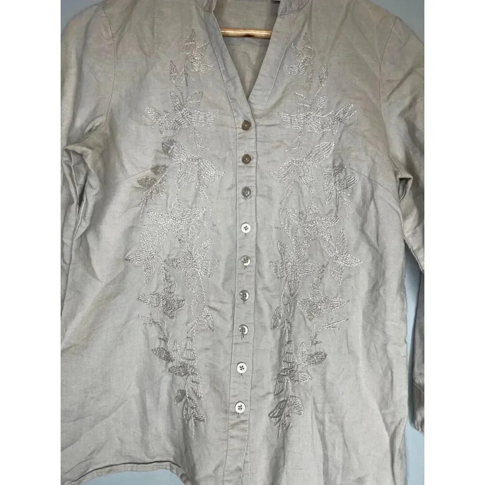 Tweed button down pullover top embroidered button down 100% linen size Medium - Picture 2 of 6